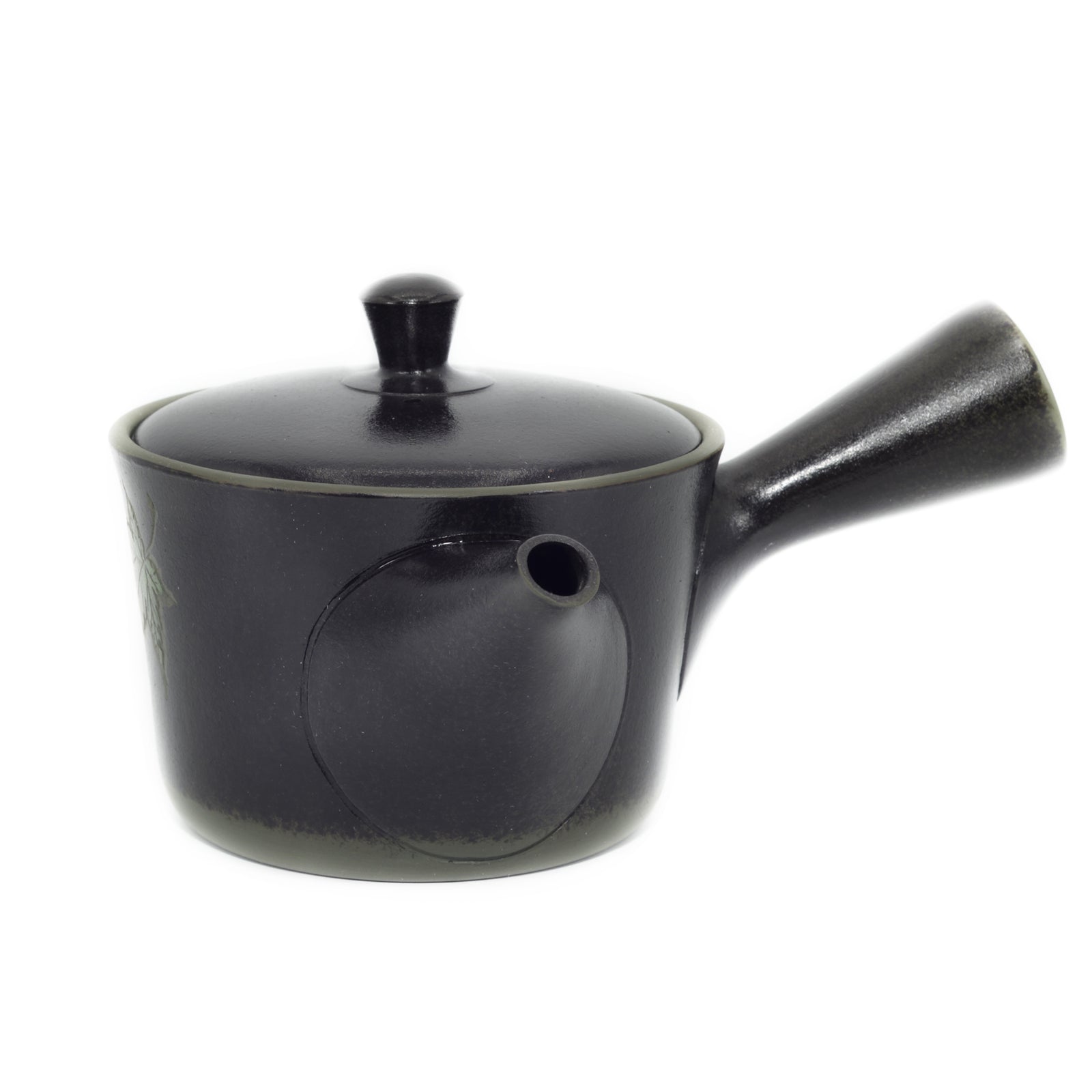 Tokonameyaki Yaki Kyusu. Black teapot with leaves