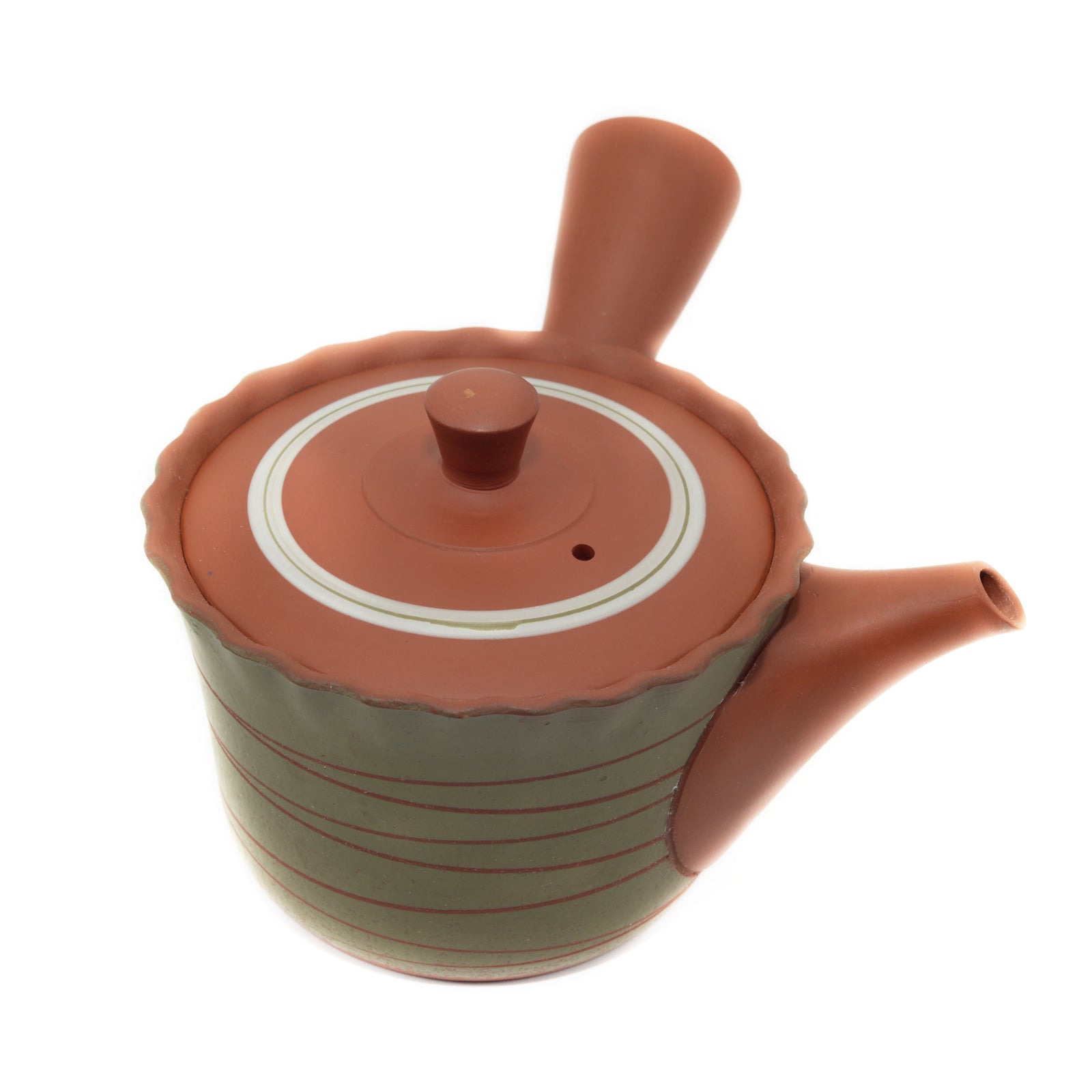 TOKONAMEYAKI YAKI KYUSU.  GREEN AND RED TEAPOT